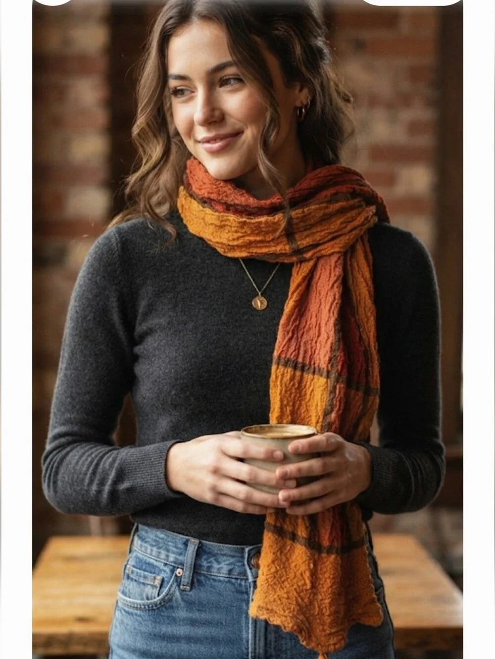 Multicolor woven patchwork crinkle scarf warm fall tones  orange, Red Brown